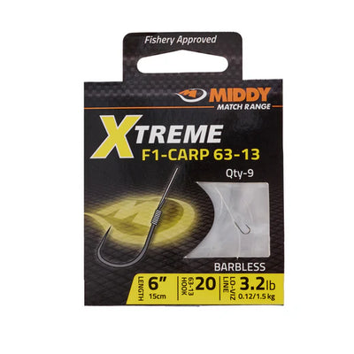 MIDDY Xtreme F1 Carp 63-13 Barbless Hooks-to-Nylon size 20 to 3.2lb